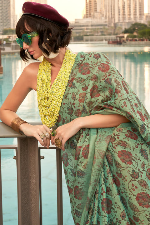 VastraLakshmi Adorable Green Digital Printed Tissue Silk Saree With Groovy Blouse Piece