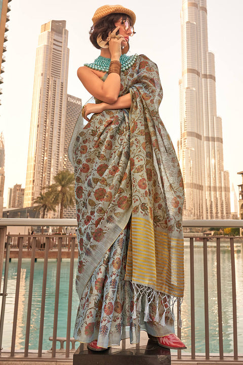 VastraLakshmi Demanding Grey Digital Printed Tissue Silk Saree With Ravishing Blouse Piece