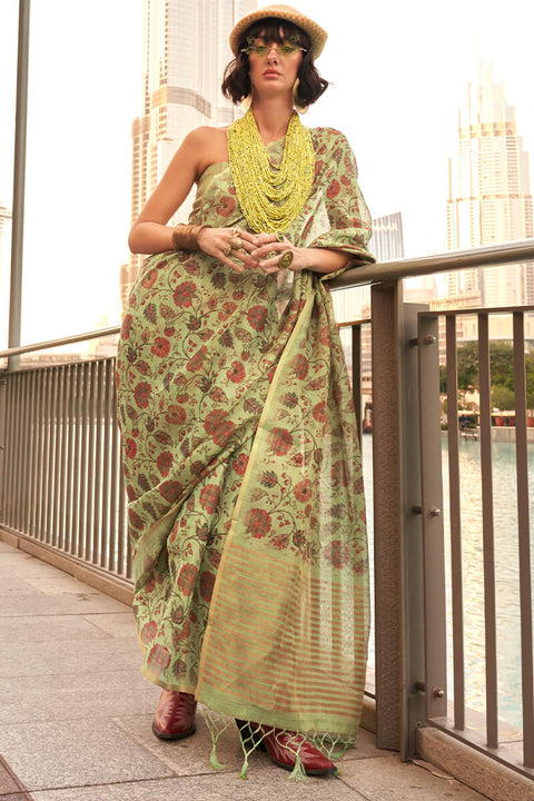 VastraLakshmi Desirable Mehndi Digital Printed Tissue Silk Saree With Ebullience Blouse Piece