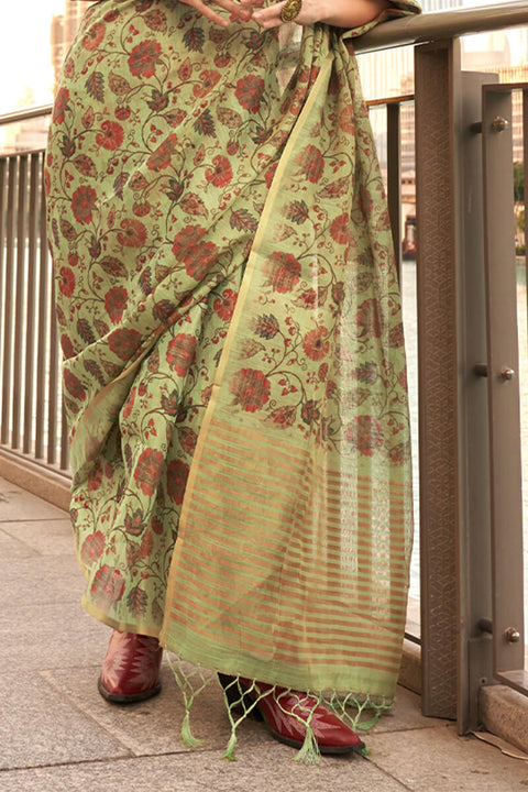 VastraLakshmi Desirable Mehndi Digital Printed Tissue Silk Saree With Ebullience Blouse Piece