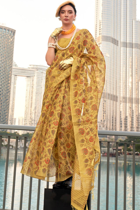 VastraLakshmi Transcendent Yellow Digital Printed Tissue Silk Saree With Artistic Blouse Piece