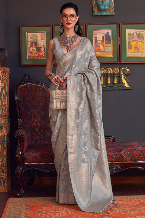 VastraLakshmi Flameboyant Grey Soft Banarasi Silk Saree With Exquisite Blouse Piece