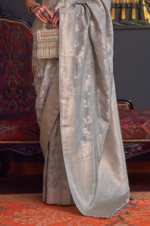 VastraLakshmi Flameboyant Grey Soft Banarasi Silk Saree With Exquisite Blouse Piece