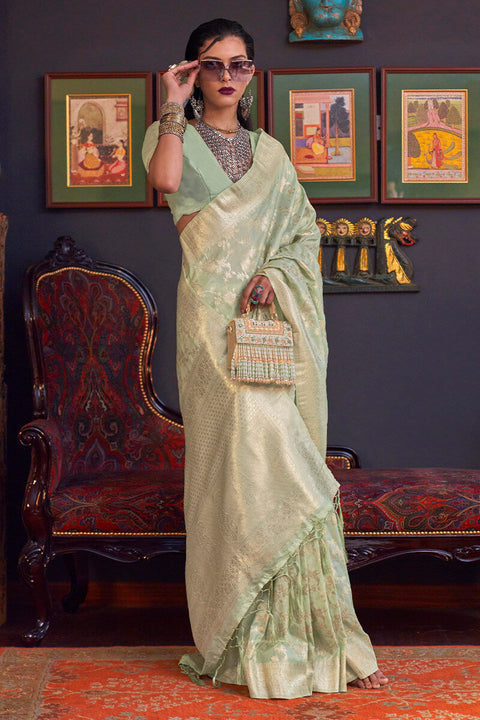 VastraLakshmi Divine Pista Soft Banarasi Silk Saree With Demure Blouse Piece