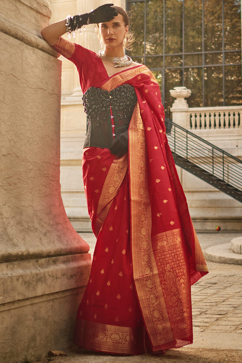 VastraLakshmi Serendipity Red Soft Banarasi Silk Saree With Ineffable Blouse Piece