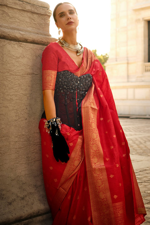 VastraLakshmi Serendipity Red Soft Banarasi Silk Saree With Ineffable Blouse Piece