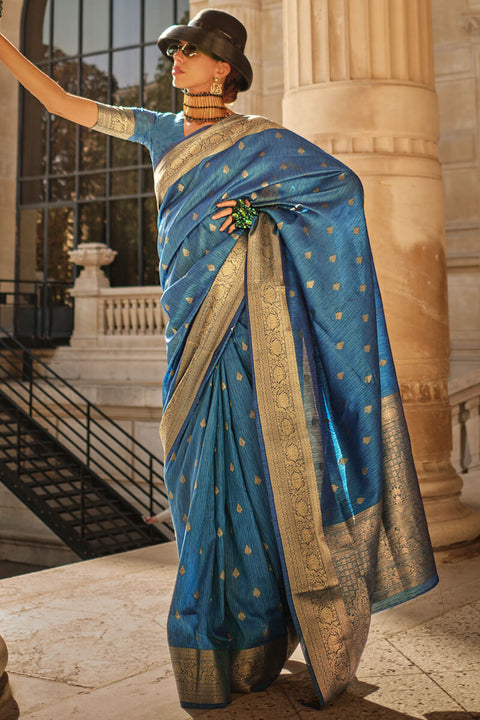 VastraLakshmi Embrocation Blue Soft Banarasi Silk Saree With Opulent Blouse Piece