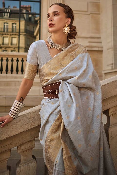 VastraLakshmi Breathtaking Grey Soft Banarasi Silk Saree With Opulent Blouse Piece