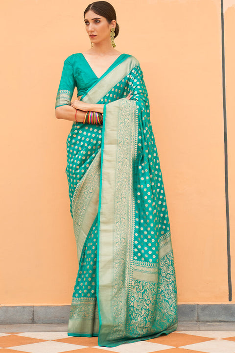 VastraLakshmi Gossamer Turquoise Soft Banarasi Silk Saree With Moiety Blouse Piece