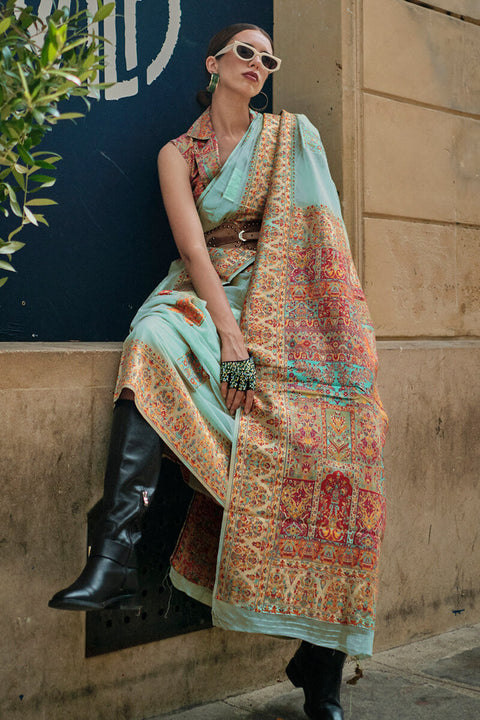 VastraLakshmi Ailurophile Sky Pashmina saree With Effulgent Blouse Piece