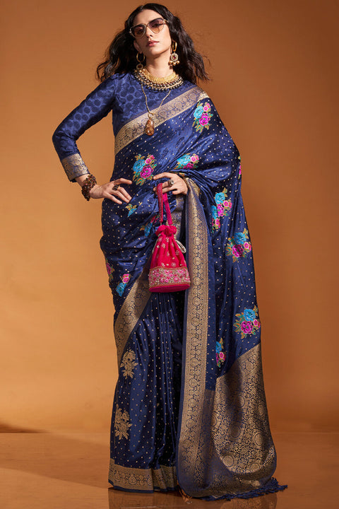 VastraLakshmi Outstanding Navy Blue Banarasi Satin Silk Saree With Engrossing Blouse