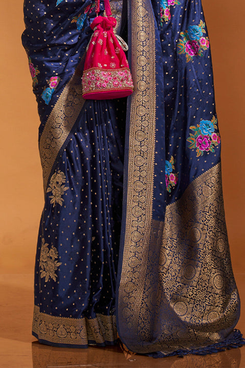 VastraLakshmi Outstanding Navy Blue Banarasi Satin Silk Saree With Engrossing Blouse