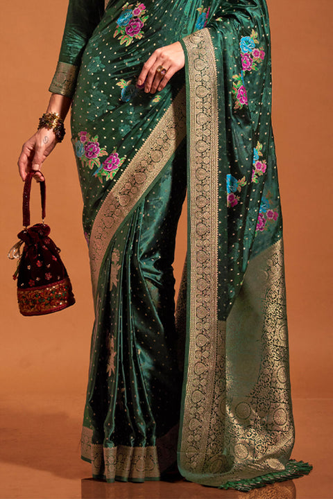 VastraLakshmi Propinquity Dark Green Banarasi Satin Silk Saree With Susurrous Blouse