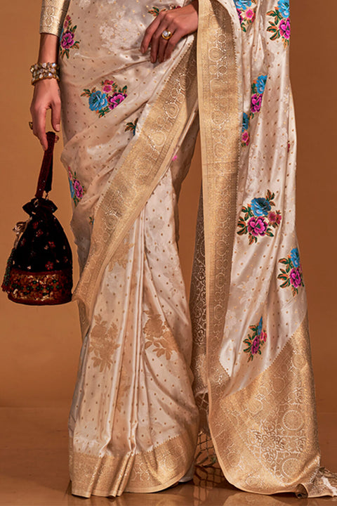 VastraLakshmi Exemplary Beige Banarasi Satin Silk Saree With Lustrous Blouse