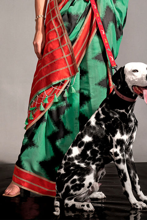 VastraLakshmi Piquant Sea Green Digital Printed Soft Silk Saree With Lustrous Blouse Piece