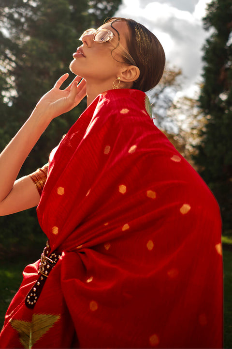 VastraLakshmi Outstanding Red Soft Banarasi Silk Saree With Girlish Blouse Piece