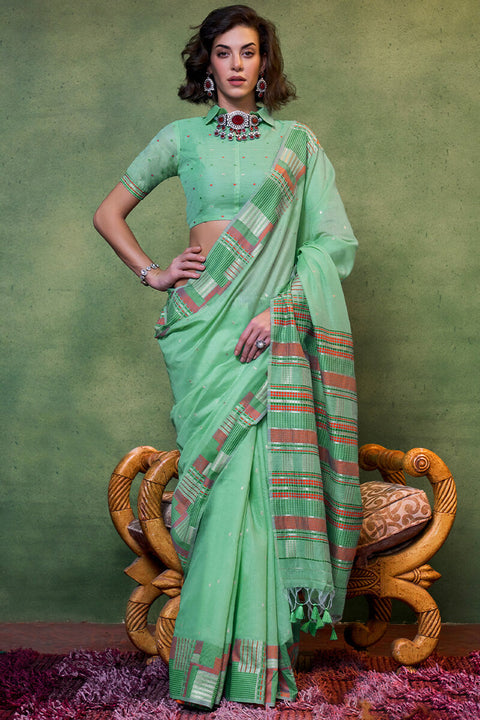 VastraLakshmi Trendy Sea Green Cotton Silk Saree With Sizzling Blouse Piece