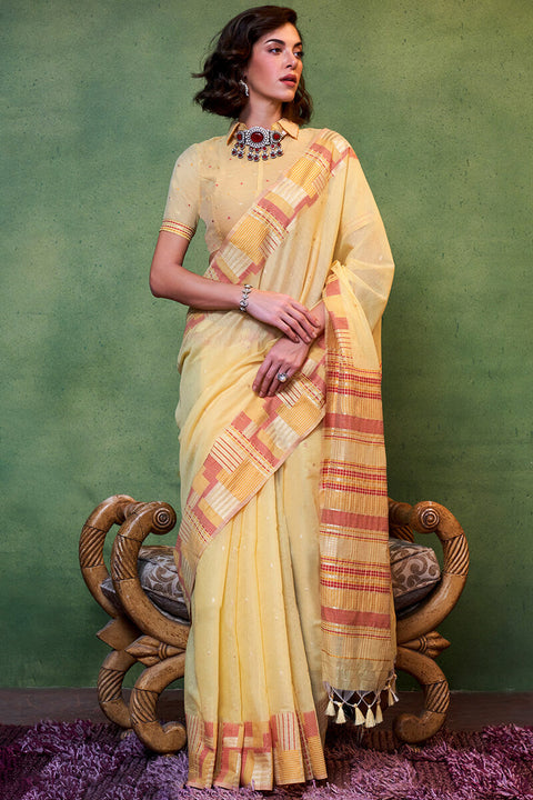 VastraLakshmi Engrossing Yellow Cotton Silk Saree With Prominent Blouse Piece