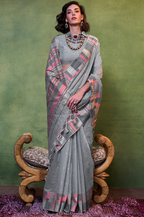 VastraLakshmi Entrancing Grey Cotton Silk Saree With Adoring Blouse Piece