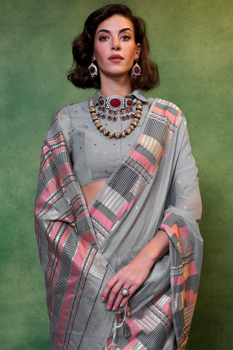 VastraLakshmi Entrancing Grey Cotton Silk Saree With Adoring Blouse Piece