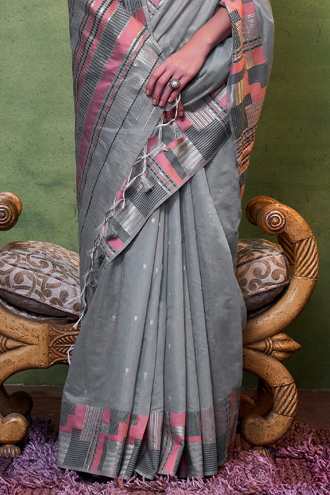 VastraLakshmi Entrancing Grey Cotton Silk Saree With Adoring Blouse Piece