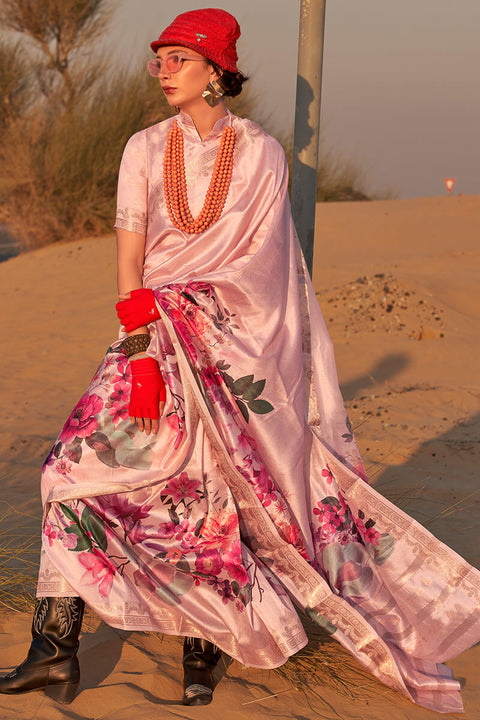 VastraLakshmi Murmurous Baby Pink Digital Printed Tussar Silk Saree With Elision Blouse Piece