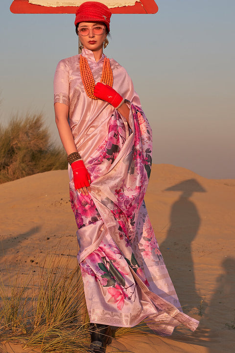 VastraLakshmi Murmurous Baby Pink Digital Printed Tussar Silk Saree With Elision Blouse Piece