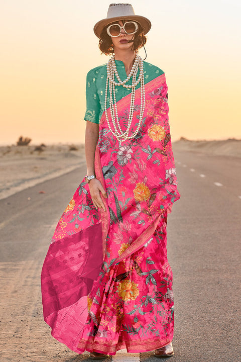 VastraLakshmi Brood Dark Pink Digital Printed Tussar Silk Saree With Divine Blouse Piece