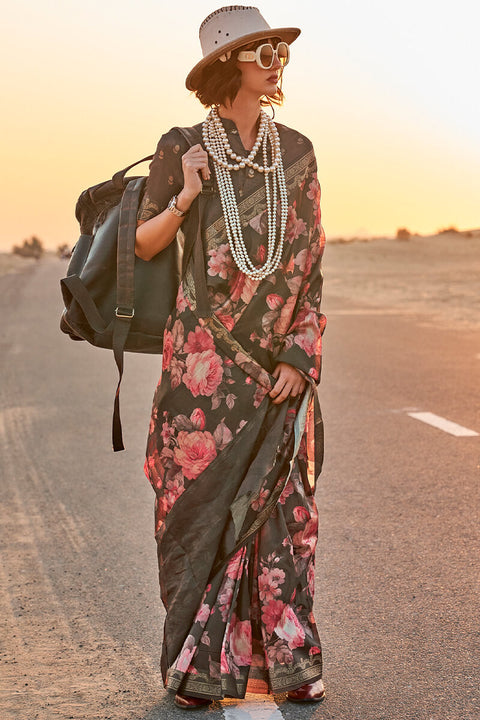 VastraLakshmi Exquisite Black Digital Printed Tussar Silk Saree With Groovy Blouse Piece