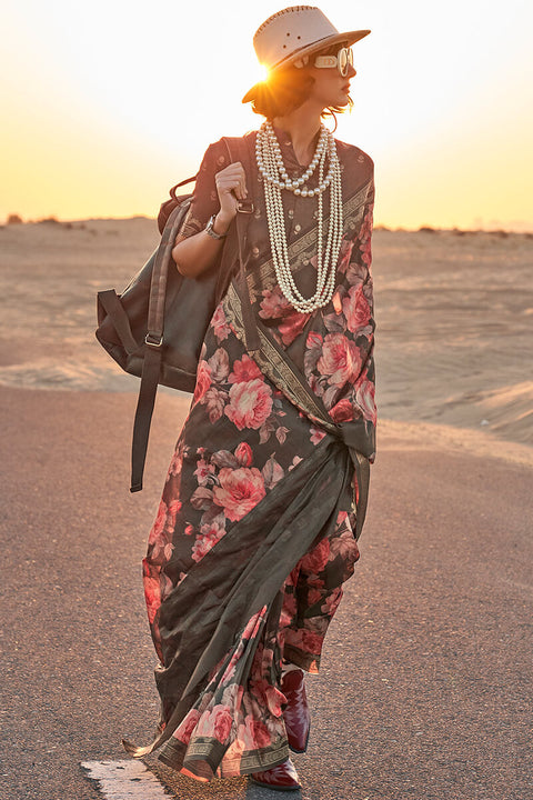 VastraLakshmi Exquisite Black Digital Printed Tussar Silk Saree With Groovy Blouse Piece