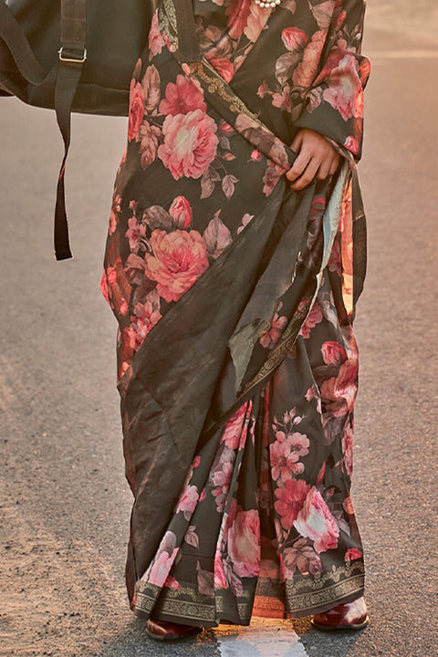 VastraLakshmi Exquisite Black Digital Printed Tussar Silk Saree With Groovy Blouse Piece