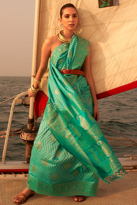 VastraLakshmi Devastating Sea Green Soft Banarasi Silk Saree With Sumptuous Blouse Piece