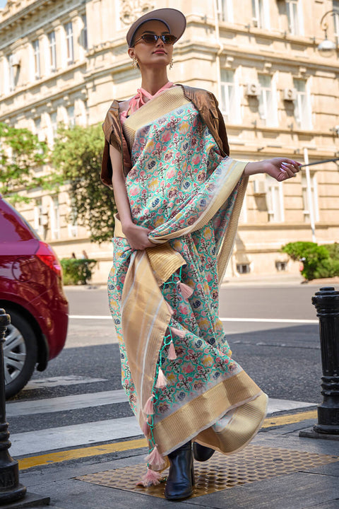 VastraLakshmi Petrichor Pista Organza Silk Saree With Sumptuous Blouse Piece