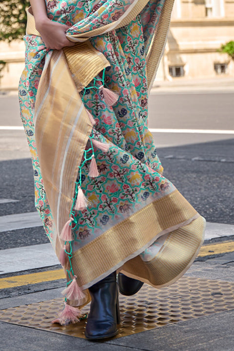 VastraLakshmi Petrichor Pista Organza Silk Saree With Sumptuous Blouse Piece