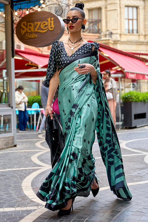 VastraLakshmi Imaginative Turquoise Digital Printed Satin Silk Saree With Splendiferous Blouse Piece