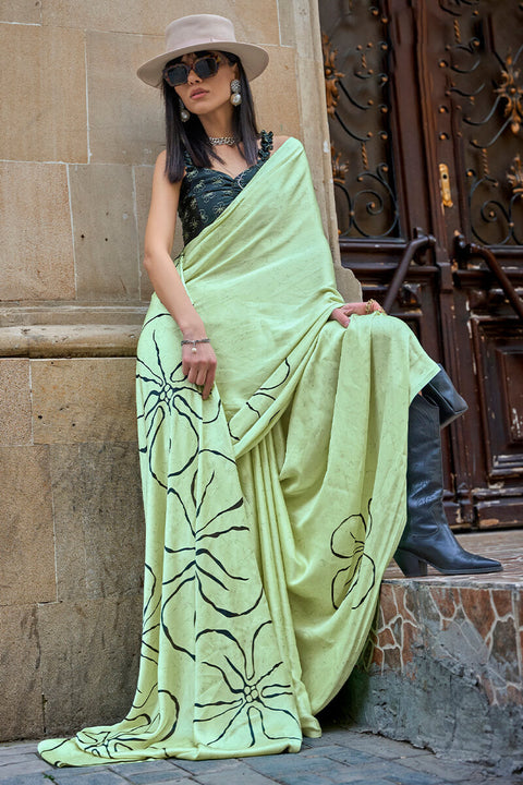 VastraLakshmi Mellifluous Pista Digital Printed Satin Silk Saree With Staggering Blouse Piece