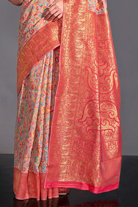 VastraLakshmi Flamboyant Pink Pashmina saree With Assemblage Blouse Piece