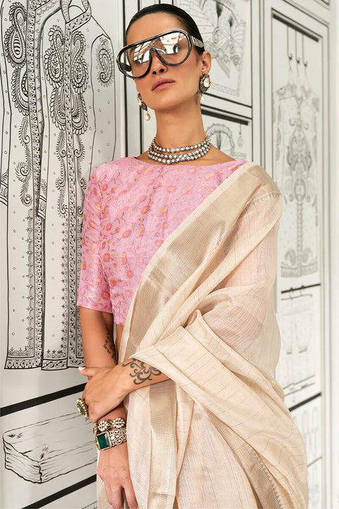 VastraLakshmi Ephemeral Beige Soft Silk Saree With Magnetic Blouse Piece