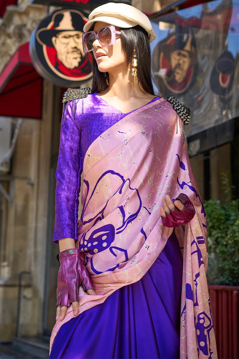 VastraLakshmi Sizzling Royal Blue and Pink Digital Printed Satin Silk Saree With Gorgeous Blouse Piece