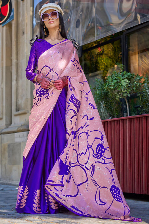 VastraLakshmi Sizzling Royal Blue and Pink Digital Printed Satin Silk Saree With Gorgeous Blouse Piece