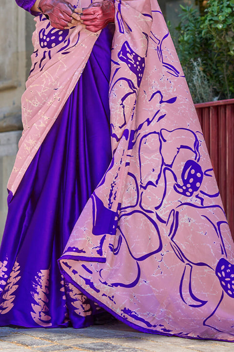 VastraLakshmi Sizzling Royal Blue and Pink Digital Printed Satin Silk Saree With Gorgeous Blouse Piece