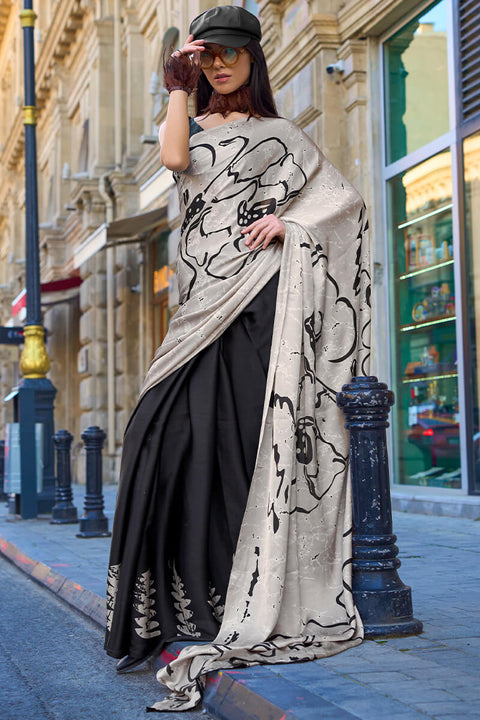 VastraLakshmi Alluring Beige and Black Digital Printed Satin Silk Saree With Mesmerising Blouse Piece