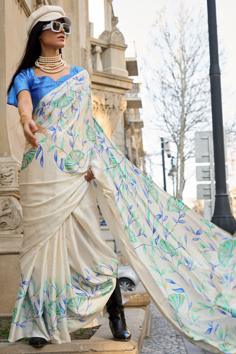 VastraLakshmi Capricious Off White Digital Printed Satin Silk Saree With Gratifying Blouse Piece