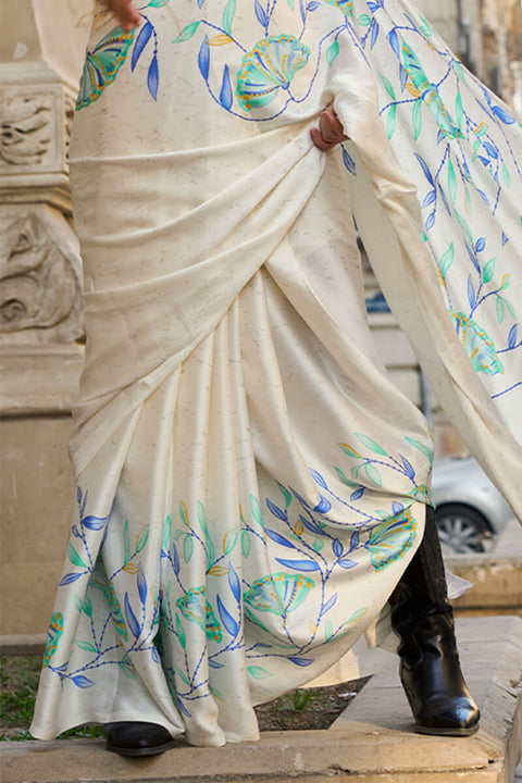 VastraLakshmi Capricious Off White Digital Printed Satin Silk Saree With Gratifying Blouse Piece