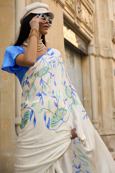 VastraLakshmi Capricious Off White Digital Printed Satin Silk Saree With Gratifying Blouse Piece