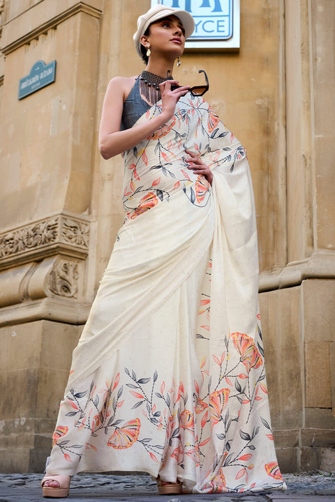 VastraLakshmi Unique Off White Digital Printed Satin Silk Saree With Charming Blouse Piece