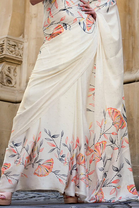 VastraLakshmi Unique Off White Digital Printed Satin Silk Saree With Charming Blouse Piece