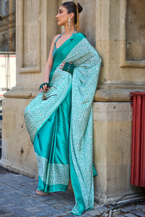 VastraLakshmi Demanding Turquoise Digital Printed Satin Silk Saree With Intricate Blouse Piece