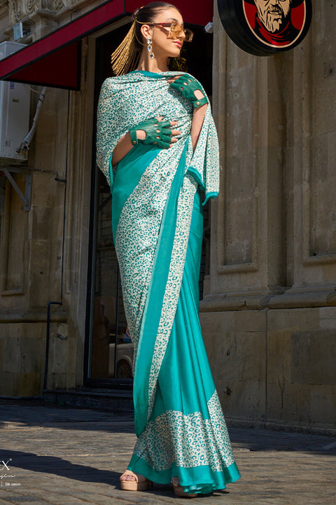 VastraLakshmi Demanding Turquoise Digital Printed Satin Silk Saree With Intricate Blouse Piece