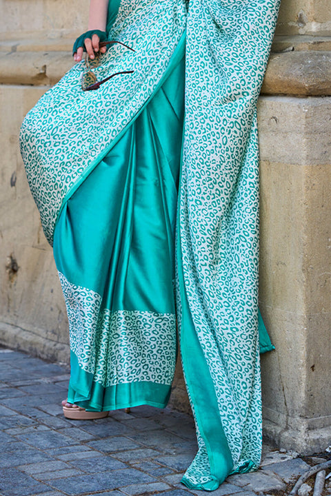 VastraLakshmi Demanding Turquoise Digital Printed Satin Silk Saree With Intricate Blouse Piece